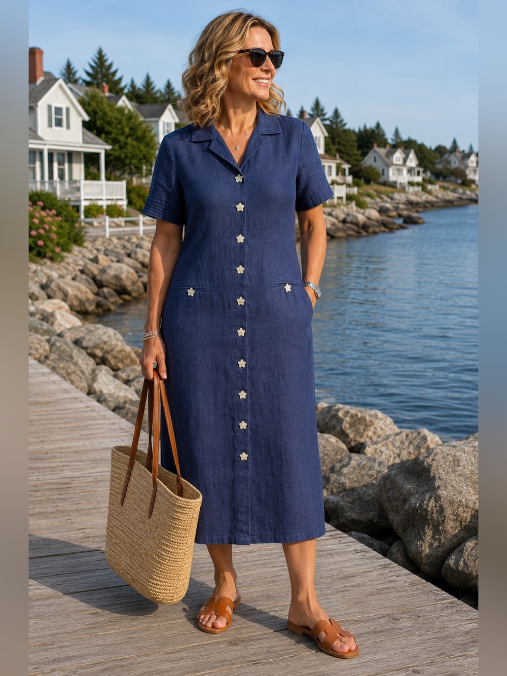 Vintage Jessica Howard 100% Linen Blue Midi Shirt Dress MOP Star Buttons Size 16